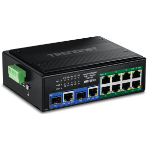 TRENDnet TI-BG108 10-Port Ethernet Switch, 8 Gigabit PoE++ ports, 2 shared Gigabit RJ-45/SFP slots, 20 Gbps switching capacity, DIN-rail/wall mount